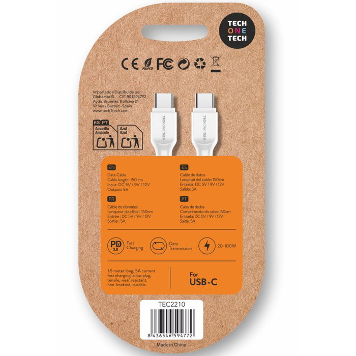 Tech One Tech Cable USB-C a USB-C TEC2210 100W 1,5m Blanco Tech One Tech Cable USB-C a USB-C TEC2210 100W 1,5m Blanco